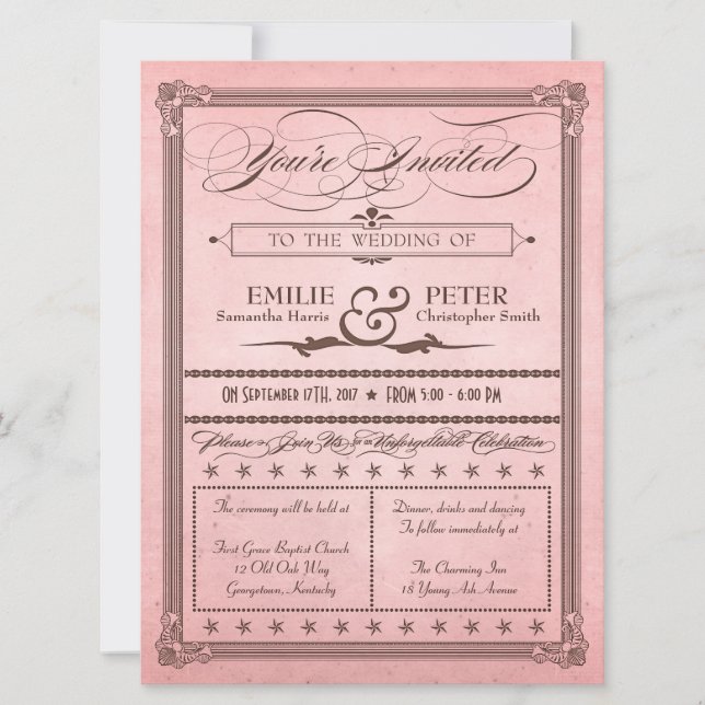 Vintage Poster Style Pink & Brown Wedding Invite (Front)