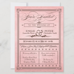 Vintage Poster Style Pink & Brown Wedding Invite