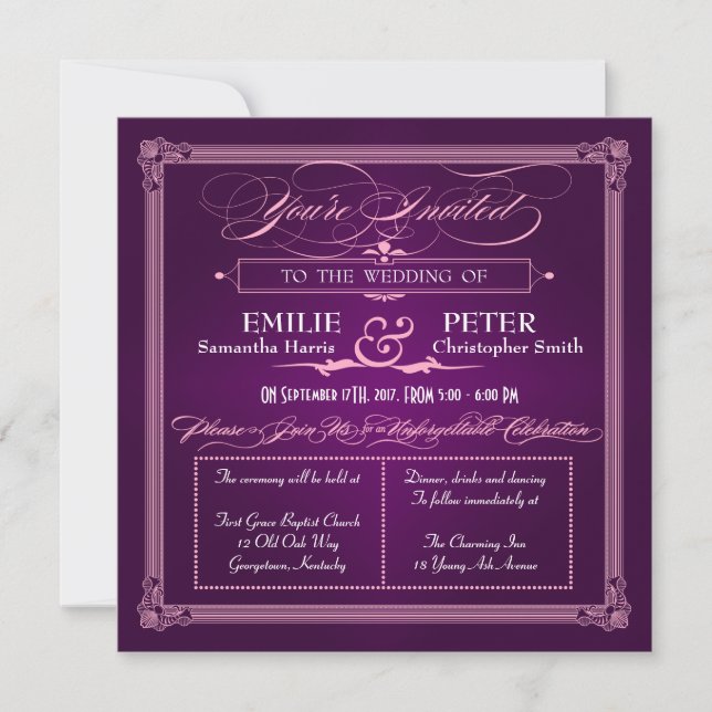Vintage Poster Style Purple Wedding Invitations (Front)