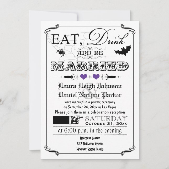 Vintage Poster Wedding Invite - Halloween, Purple (Front)