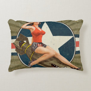 Vintage poster with pin-up girl on bomb. abstract, decorative cushion