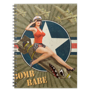 Vintage poster with pin-up girl on bomb. abstract, notebook