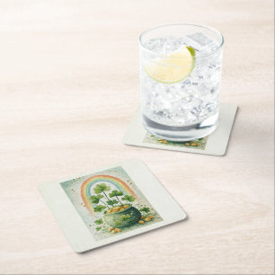 Vintage Pot of Gold and Rainbow Square Paper Coaster