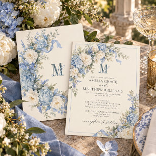 Vintage Powder Blue Hydrangea Bow Monogram Wedding Invitation