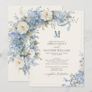Vintage Powder Blue Hydrangea Bow Monogram Wedding Invitation