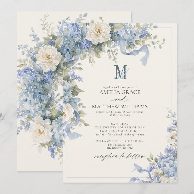 Vintage Powder Blue Hydrangea Bow Monogram Wedding Invitation (Front/Back)