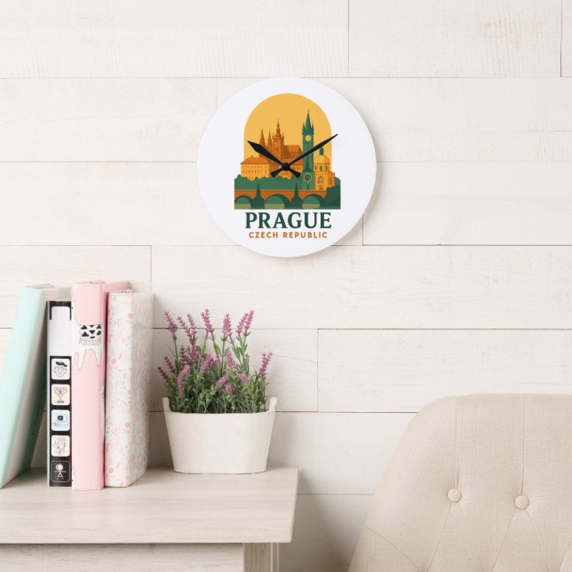 Vintage Prague Czech Republic Travel Retro Large Clock (Reading Room)