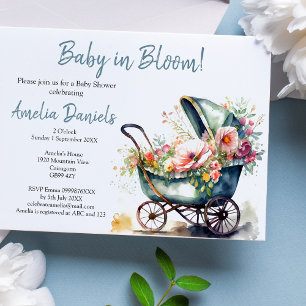 Vintage Pram Baby in Bloom Baby Shower Invitation