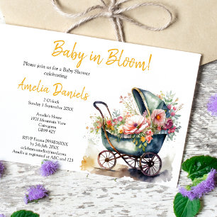 Vintage Pram Baby in Bloom Baby Shower Invitation