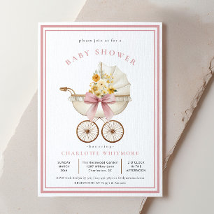Vintage Pram Baby Shower Blush & Golden Florals Invitation