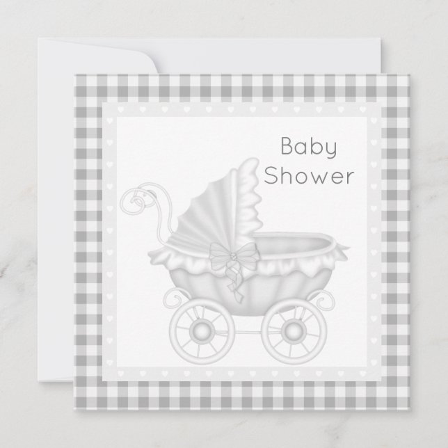 VINTAGE PRAM BABY SHOWER INVITATION GRAY/WHITE (Front)