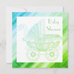 VINTAGE PRAM BABY SHOWER INVITATION green blue