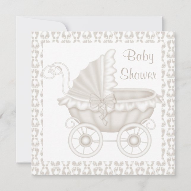 VINTAGE PRAM BABY SHOWER INVITATION SEPIA/WHITE (Front)