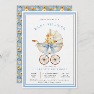 Vintage Pram Baby Shower  Sky Blue & Golden Floral Invitation