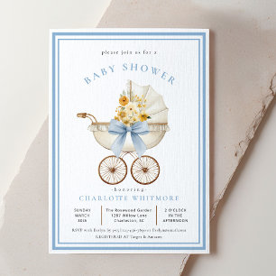 Vintage Pram Baby Shower  Sky Blue & Golden Floral Invitation