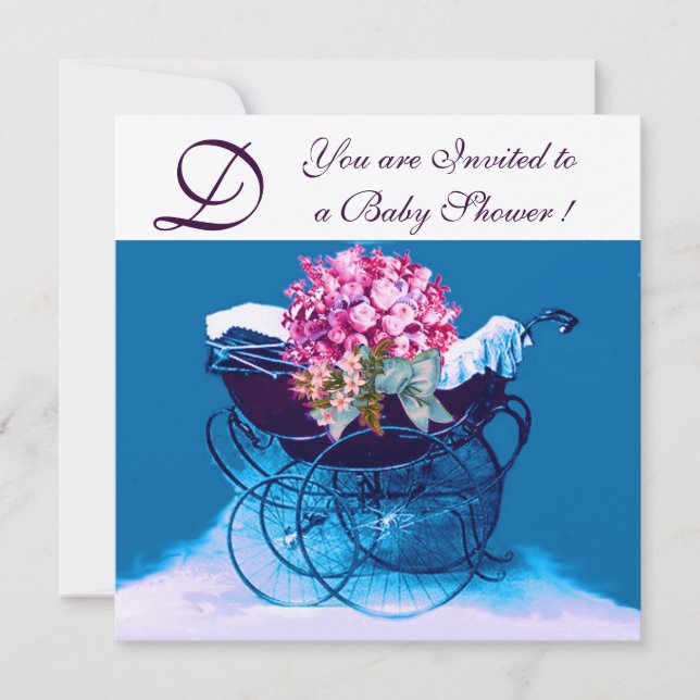 VINTAGE PRAM FLOWERS BLUE BABY SHOWER MONOGRAM INVITATION (Front)