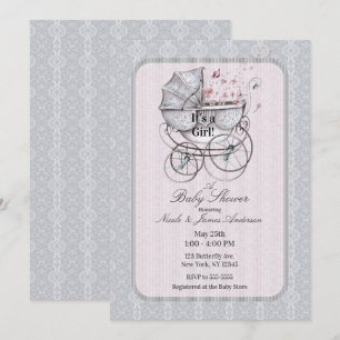 Vintage Pram Stroller White Lace Pink Baby Shower Invitation