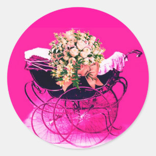 VINTAGE PRAM WITH FLOWERS BABY SHOWER CLASSIC ROUND STICKER