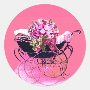 VINTAGE PRAM WITH FLOWERS BABY SHOWER CLASSIC ROUND STICKER