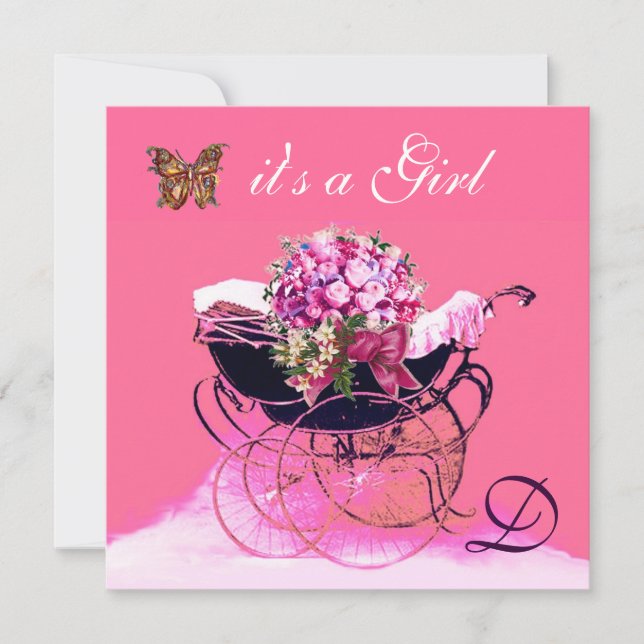 VINTAGE PRAM WITH FLOWERS,BUTTERFLIES BABY SHOWER INVITATION (Front)