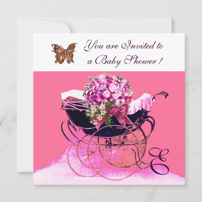 VINTAGE PRAM WITH FLOWERS,BUTTERFLIES BABY SHOWER INVITATION (Front)