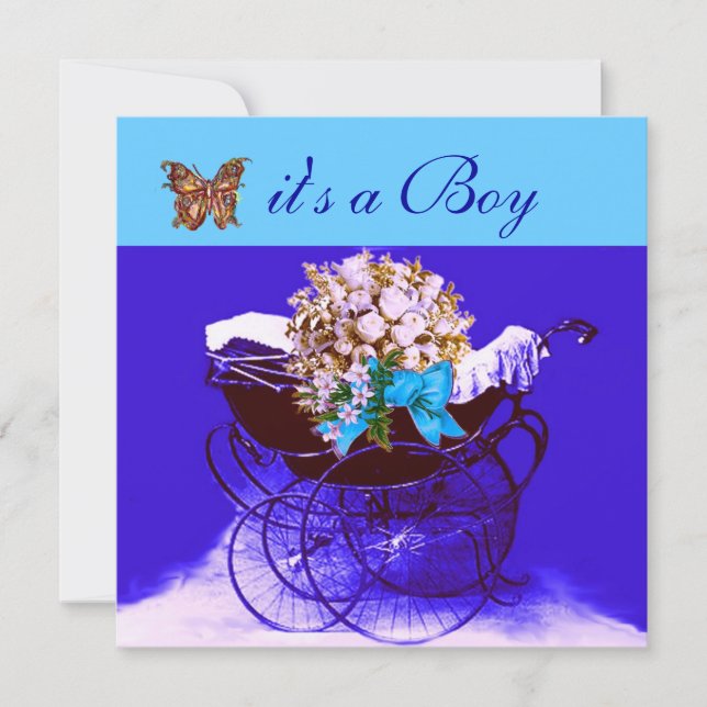 VINTAGE PRAM WITH FLOWERS,BUTTERFLIES BABY SHOWER INVITATION (Front)