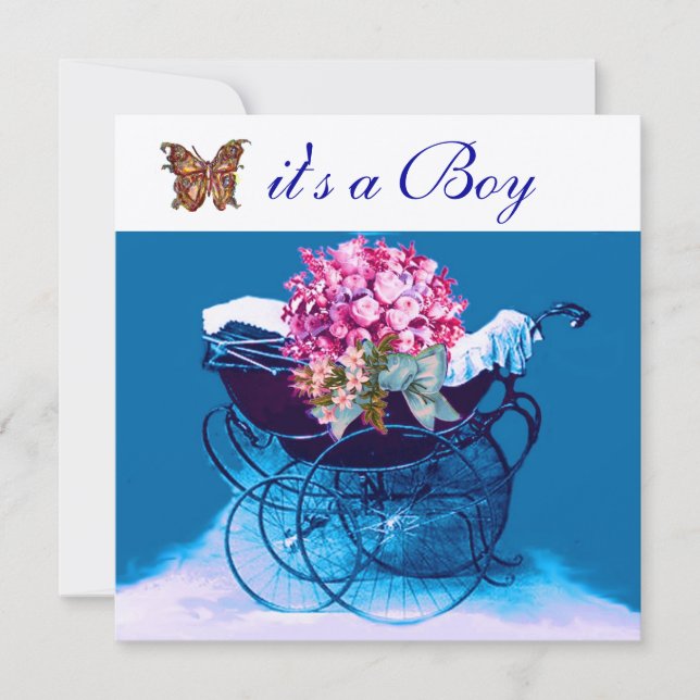 VINTAGE PRAM WITH FLOWERS,BUTTERFLIES BABY SHOWER INVITATION (Front)