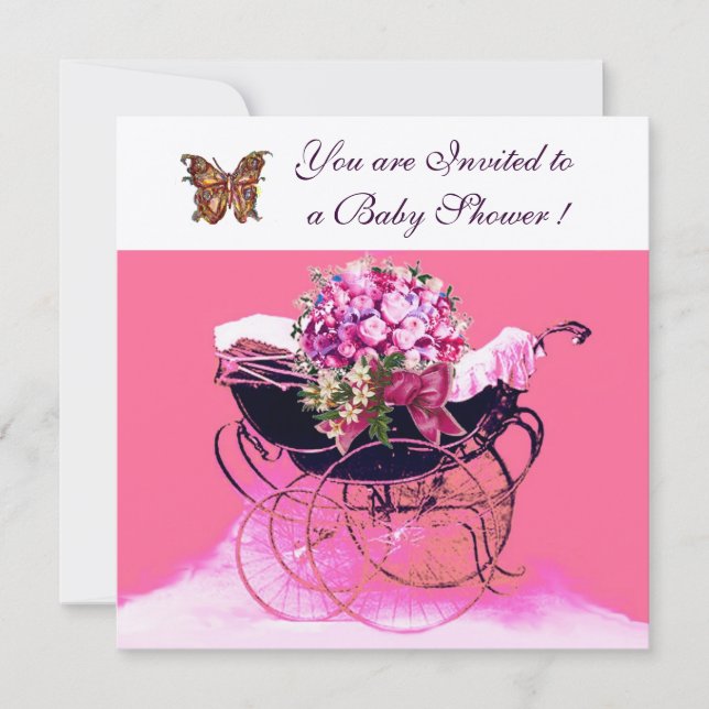 VINTAGE PRAM WITH FLOWERS,BUTTERFLIES BABY SHOWER INVITATION (Front)