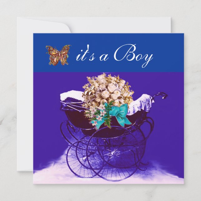 VINTAGE PRAM WITH FLOWERS,BUTTERFLIES BABY SHOWER INVITATION (Front)