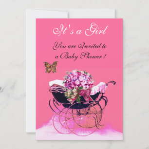 VINTAGE PRAM WITH FLOWERS,BUTTERFLIES BABY SHOWER INVITATION