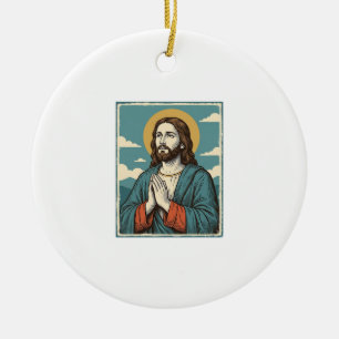 Vintage Praying Saviour Religious Shirt Design_1 Ceramic Tree Decoration