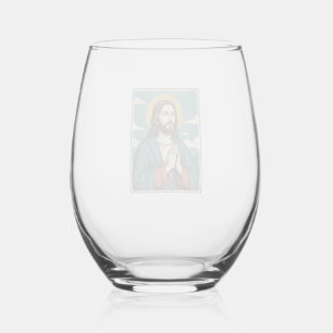 Vintage Praying Saviour Religious Shirt Design_1 Stemless Wine Glass