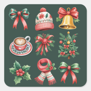 Vintage Preppy Christmas Holiday Coquette Bow Xmas Square Sticker