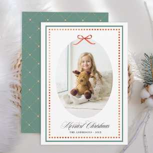 Vintage Preppy Red Bow Green Christmas Photo Holiday Card