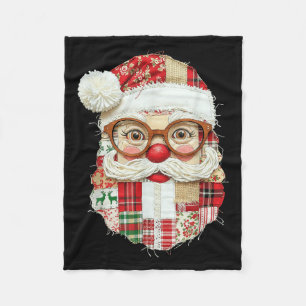 Vintage Preppy Santa Claus Face Patchwork Christma Fleece Blanket