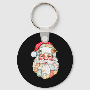 Vintage Preppy Santa Claus Face Patchwork Christma Key Ring