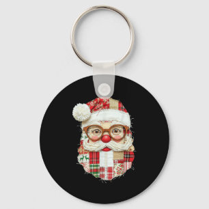 Vintage Preppy Santa Claus Face Patchwork Christma Key Ring