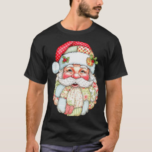 Vintage Preppy Santa Claus Face Patchwork Christma T-Shirt