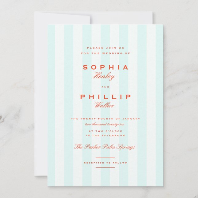 Vintage Preppy Stripes Teal Orange Wedding Invitation (Front)