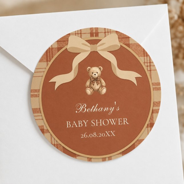 Vintage Preppy Teddy Bear Plaid Baby Shower Classic Round Sticker (Vintage Preppy Teddy Bear Plaid Baby Shower Classic Round Sticker)