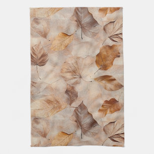 Vintage Pressed Fall Leaves Pattern Brown Rustic Tea Towel