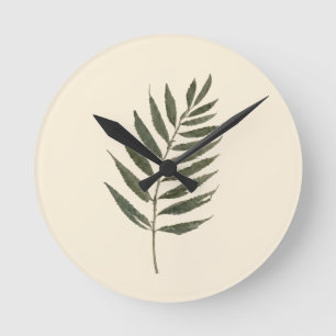 Vintage Pressed Fern Leaf Neutral Beige Cream Round Clock