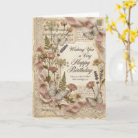 Vintage Pressed Flower Butterfly Birthday Card