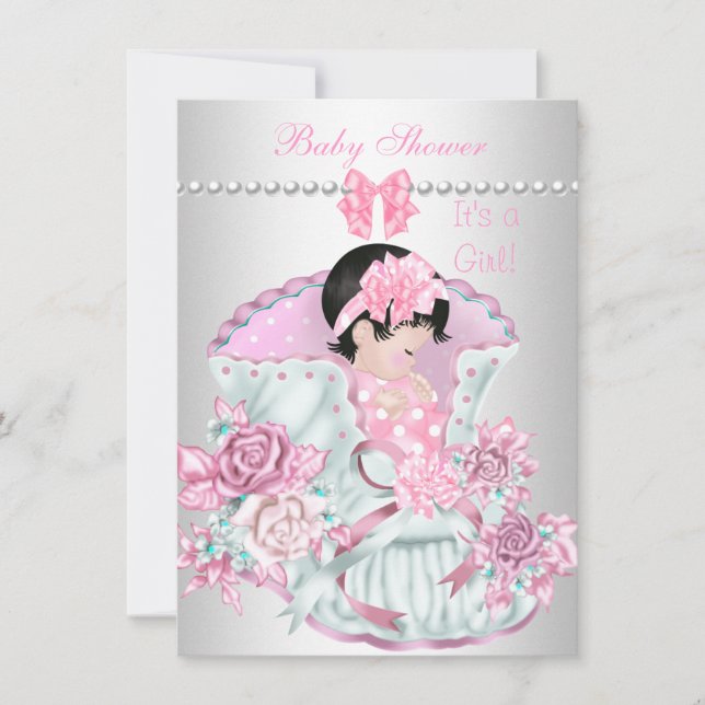 Vintage Pretty Baby Shower Cute Girl Pink Invitation (Front)