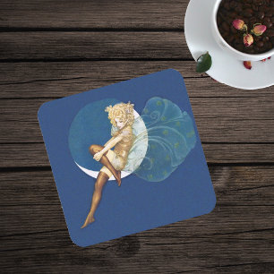 Vintage Pretty Blue Fairy Stockings Blue Moon Square Paper Coaster
