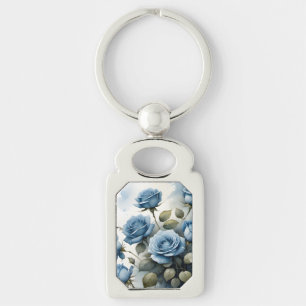 Vintage pretty Blue Roses watercolor painting Key Ring