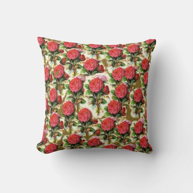 Vintage Pretty Chic Red Rose Wallpaper Collage Cushion (Front)