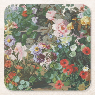 Vintage pretty colourful flowers floral painting square paper coaster