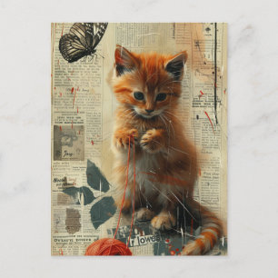 Vintage Pretty Ginger Kitten Collage Postcard