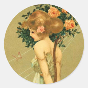 Vintage Pretty Girl With Pink Roses and Butterfly Classic Round Sticker